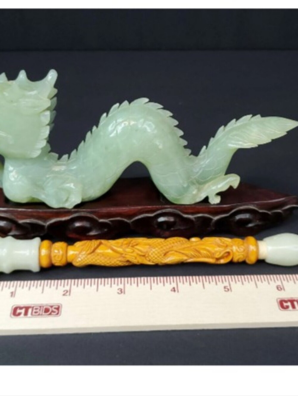 Carved Green Serpentine Jade Dragon Figurine Statue with Wooden Base - Picture 5 of 16